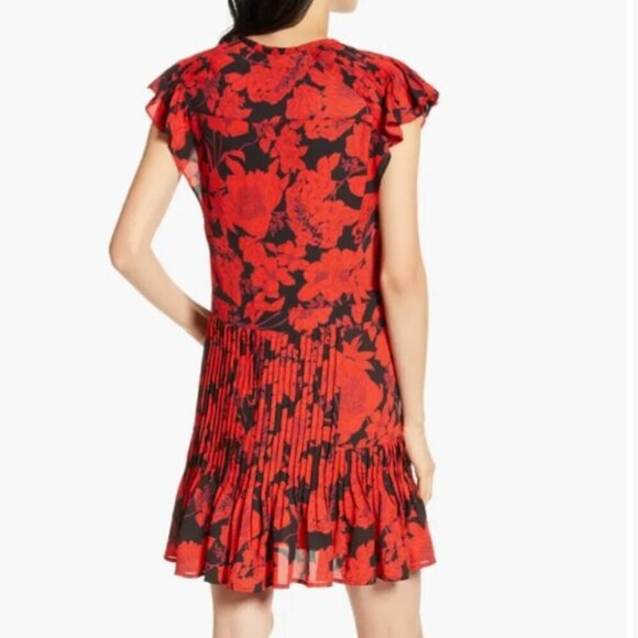 Rebecca Minkoff Fit Flare Mini Dress Large Red Short Sleeve Floral Pleat Ruffle - Picture 3 of 8